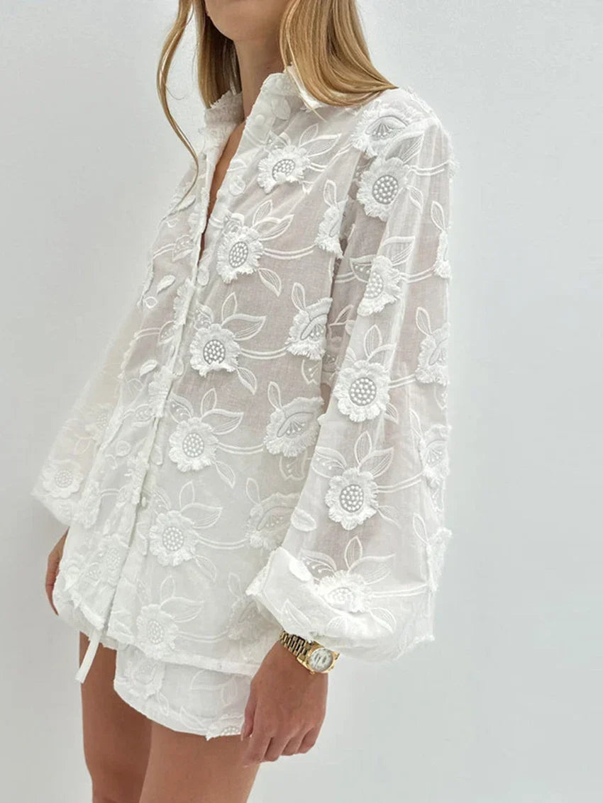 Elise Drummond | White Floral Embroidered Two-Piece Set For Women