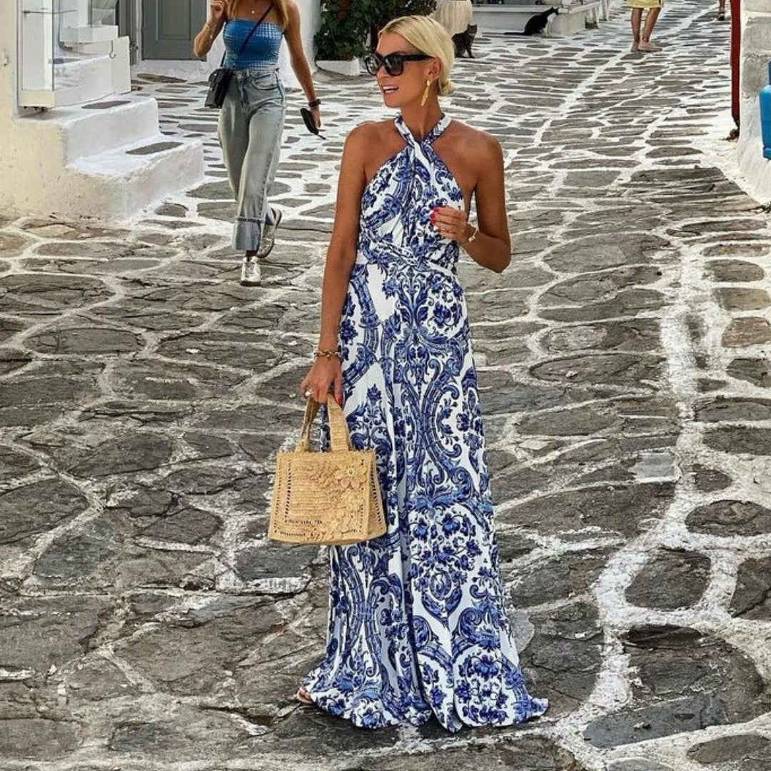 Tara Mitchell | Bohemian Blue Halter Neck Maxi Dress For Women