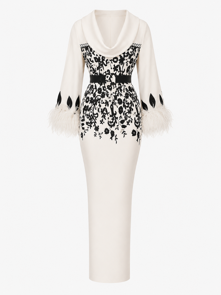 Charlotte Evans | Printed Feather Cuff Maxi Dress For Women