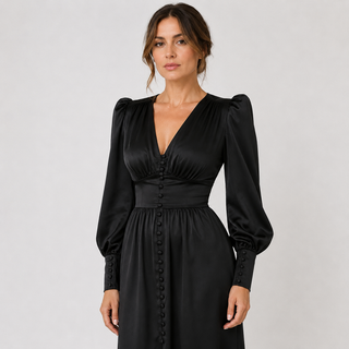 Sienna Calloway | Satin Button-Down V-Neck Midi Dress For Women