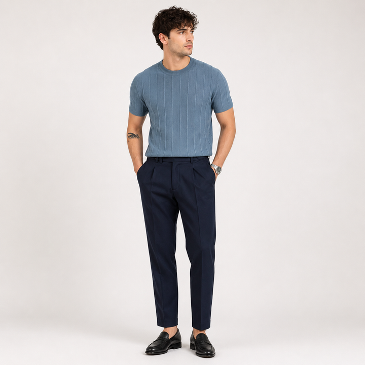 Luca Ferraro | Ribbed Knit T-Shirt with Sculpted Fit Elegance For Men