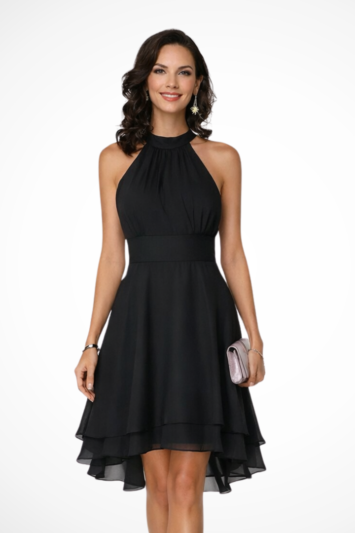 Amelia Stirling | Halter Neck Midi Dress in Black Chiffon For Women