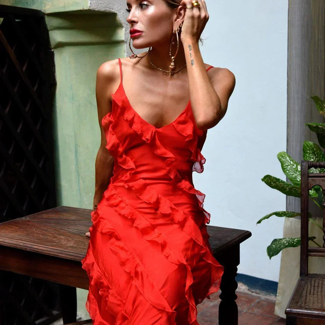 Charlotte Reid | Red Ruffle Maxi Dress For Women
