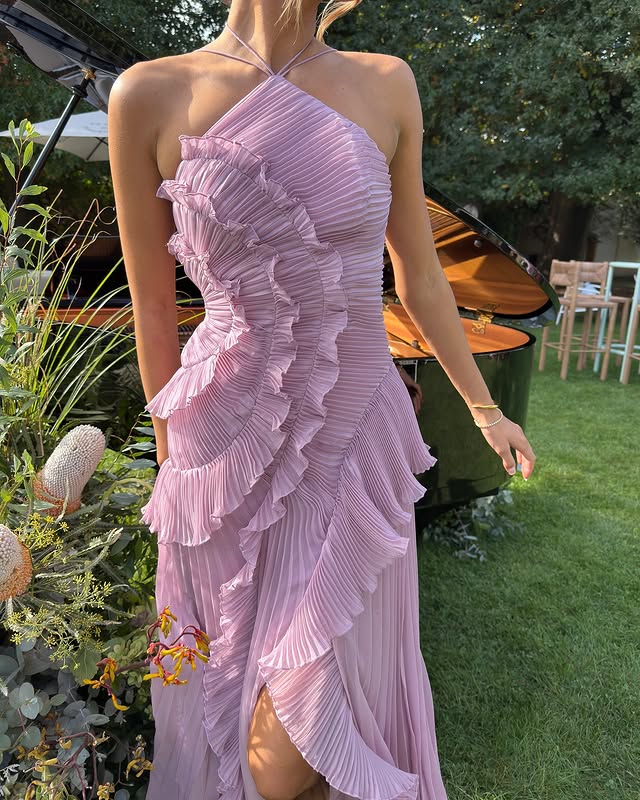 Grace Holloway | Pleated Ruffle Halter Maxi Dress For Women