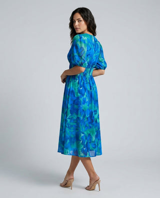 Phoebe Harrison | V-Neck Puff Sleeve Pleated Midi Dress For Women
