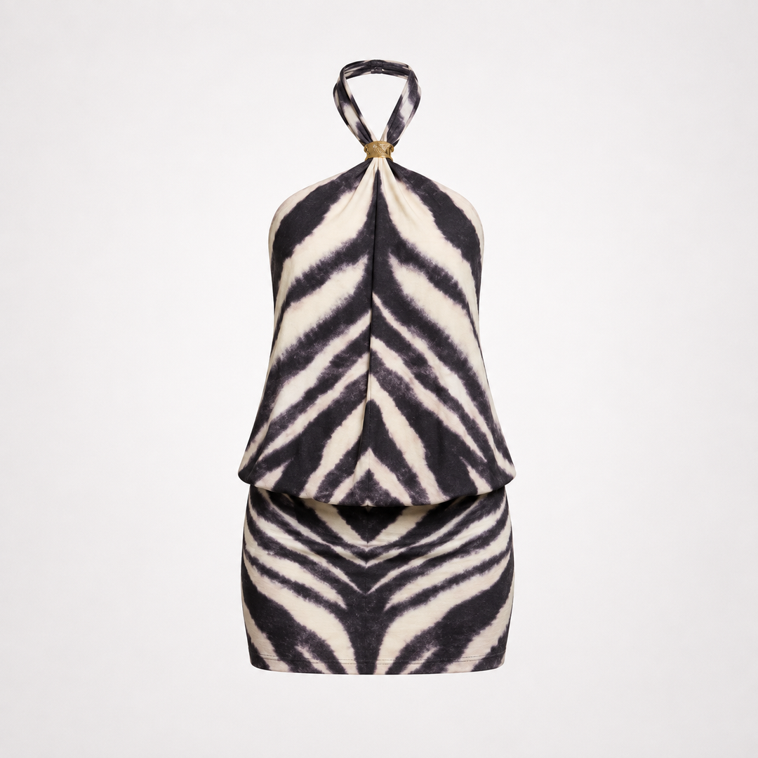 Emma Alderton | Zebra Print Halter Neck Mini Dress For Women