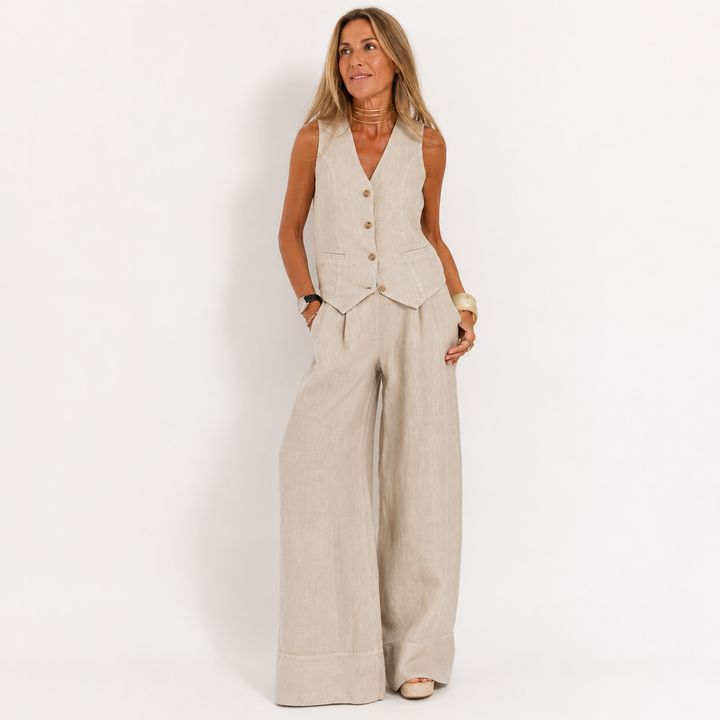 Emma Sheridan | Linen Vest & Wide-Leg Pants Set For Women
