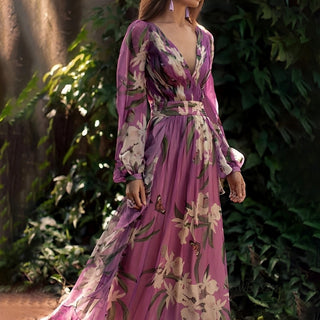Charlotte Campbell | Purple Floral Chiffon Maxi Dress For Women