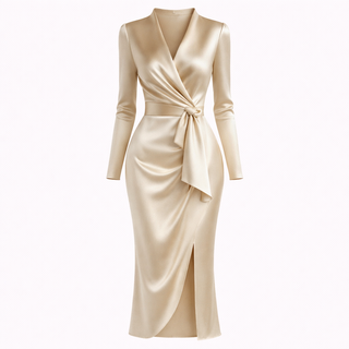 Elise Fairfax | Satin Wrap Midi Dress in Burgundy Red For Women