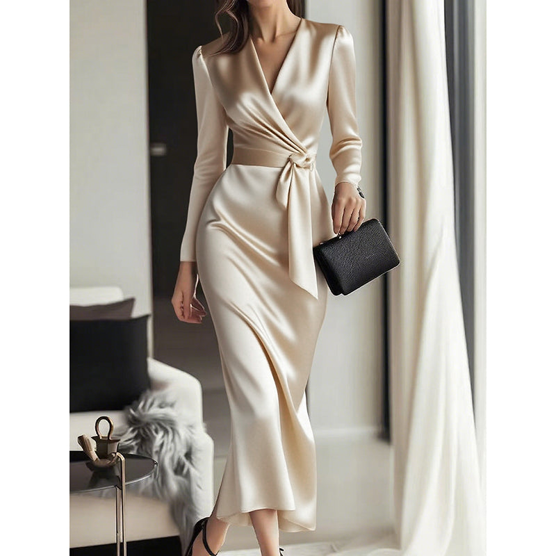 Elise Fairfax | Satin Wrap Midi Dress in Burgundy Red For Women