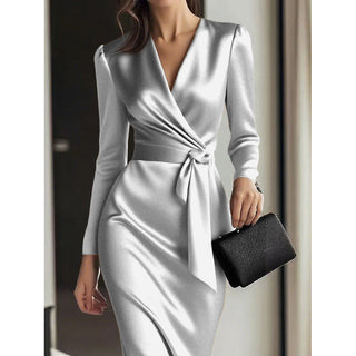 Elise Fairfax | Satin Wrap Midi Dress in Burgundy Red For Women