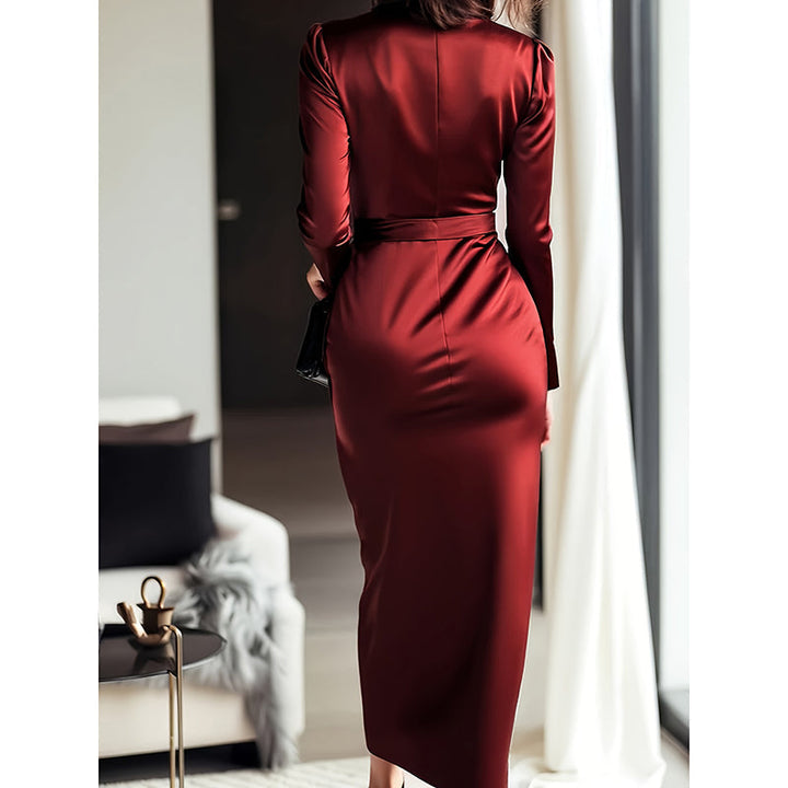 Elise Fairfax | Satin Wrap Midi Dress in Burgundy Red For Women