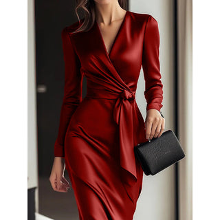Elise Fairfax | Satin Wrap Midi Dress in Burgundy Red For Women