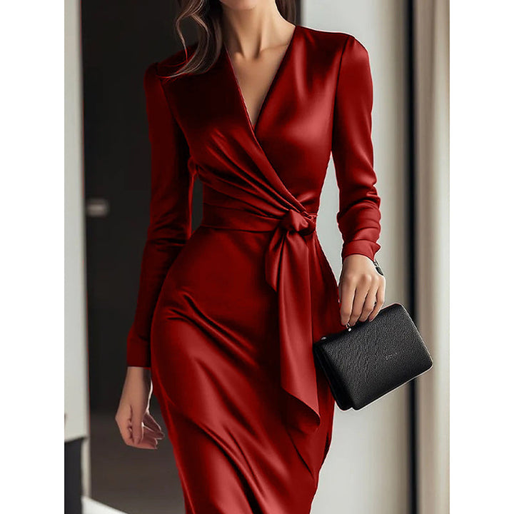 Elise Fairfax | Satin Wrap Midi Dress in Burgundy Red For Women