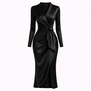 Elise Fairfax | Satin Wrap Midi Dress in Burgundy Red For Women