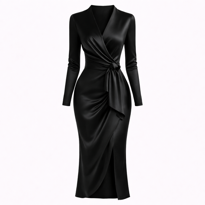 Elise Fairfax | Satin Wrap Midi Dress in Burgundy Red For Women