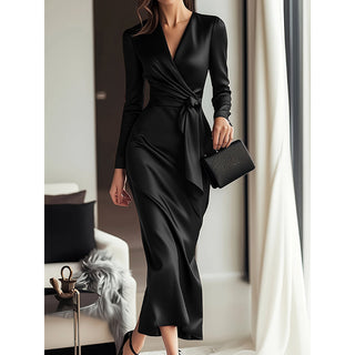 Elise Fairfax | Satin Wrap Midi Dress in Burgundy Red For Women