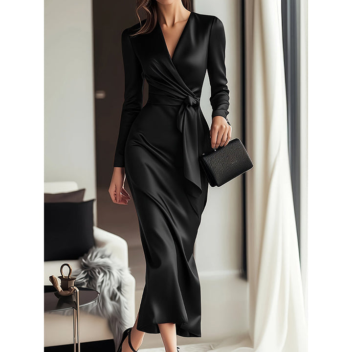 Elise Fairfax | Satin Wrap Midi Dress in Burgundy Red For Women
