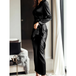 Elise Fairfax | Satin Wrap Midi Dress in Burgundy Red For Women