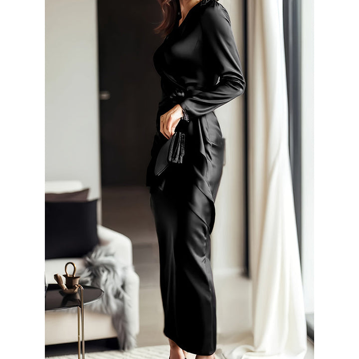 Elise Fairfax | Satin Wrap Midi Dress in Burgundy Red For Women