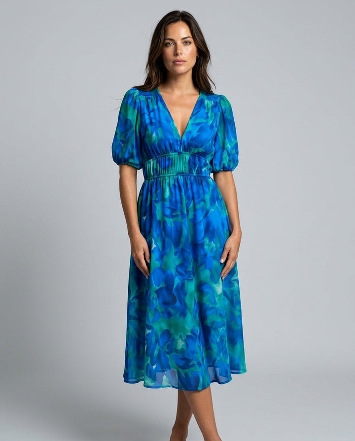 Phoebe Harrison | V-Neck Puff Sleeve Pleated Midi Dress For Women