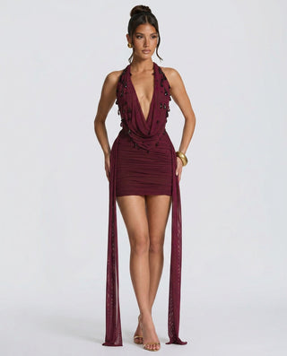 Matilda Henley | Embellished Halter Draped Mini Dress For Women