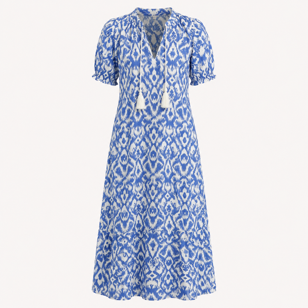 Isla Hargreaves | Ikat Print Tassel V-Neck Midi Dress For Women