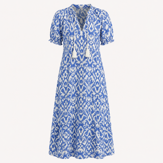 Isla Hargreaves | Ikat Print Tassel V-Neck Midi Dress For Women