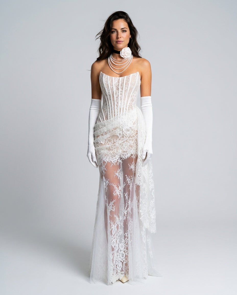 Isla Alderton | Lace Corset Strapless Wedding Dress Set For Women