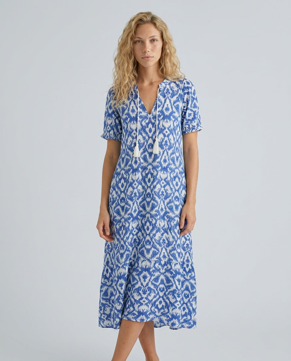 Isla Hargreaves | Ikat Print Tassel V-Neck Midi Dress For Women