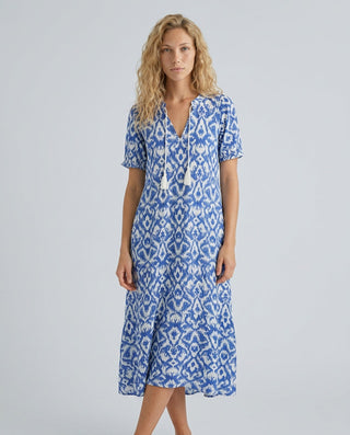 Isla Hargreaves | Ikat Print Tassel V-Neck Midi Dress For Women