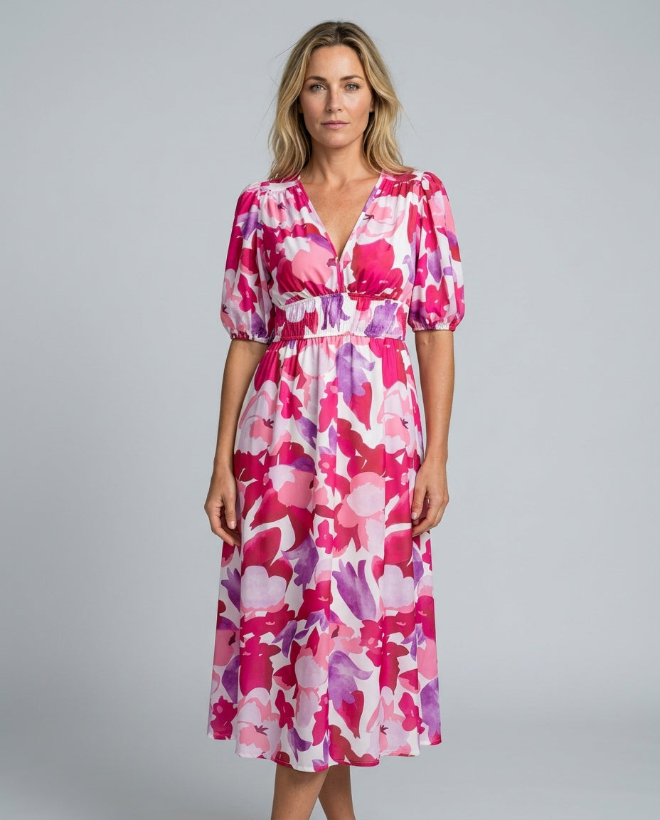 Phoebe Harrison | V-Neck Puff Sleeve Pleated Midi Dress For Women