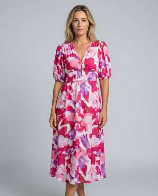 Phoebe Harrison | V-Neck Puff Sleeve Pleated Midi Dress For Women