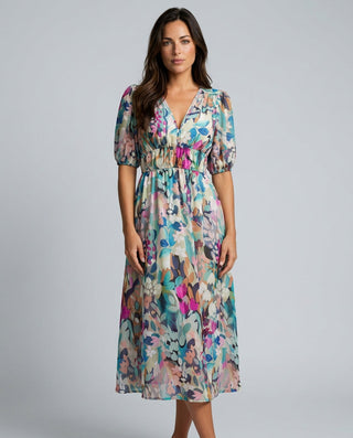 Phoebe Harrison | V-Neck Puff Sleeve Pleated Midi Dress For Women