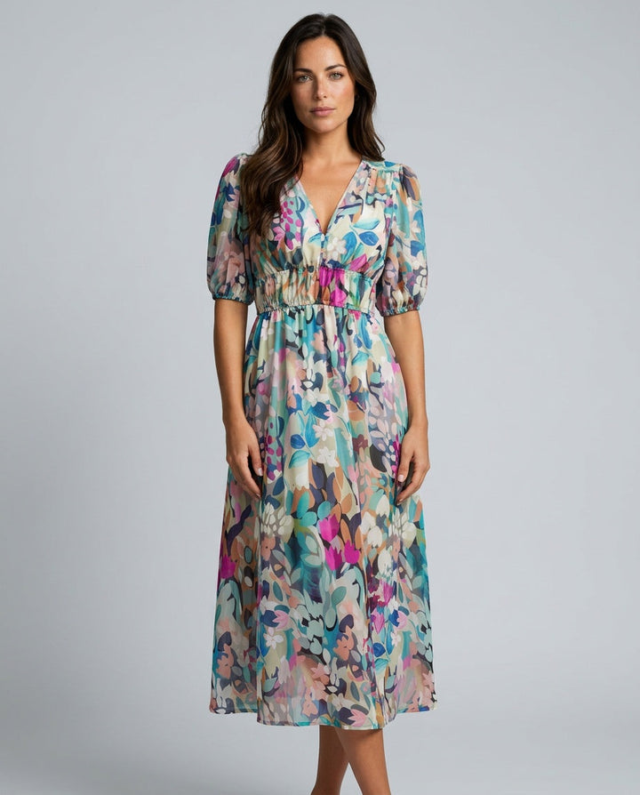 Phoebe Harrison | V-Neck Puff Sleeve Pleated Midi Dress For Women