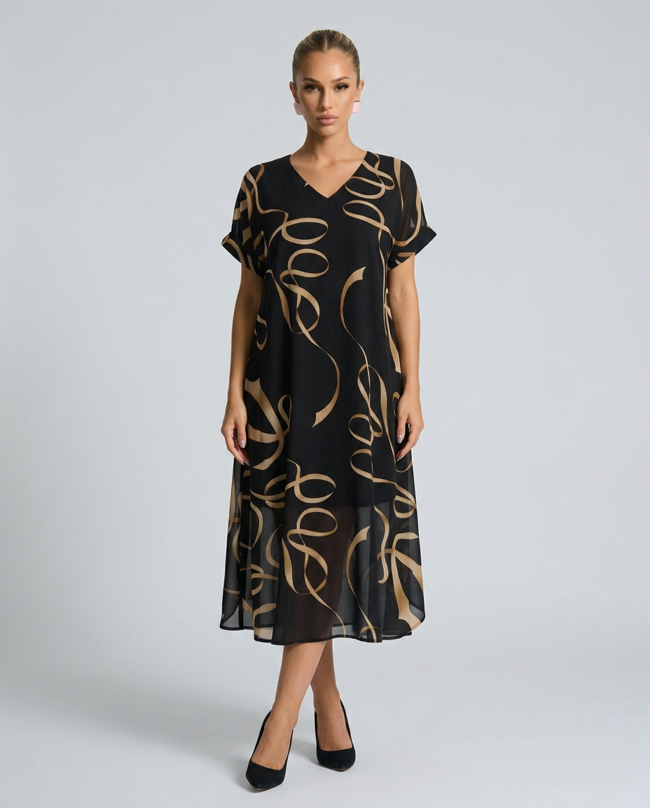 Tara Wyndham | V-Neck Batwing Bow Print Midi Dress For Women