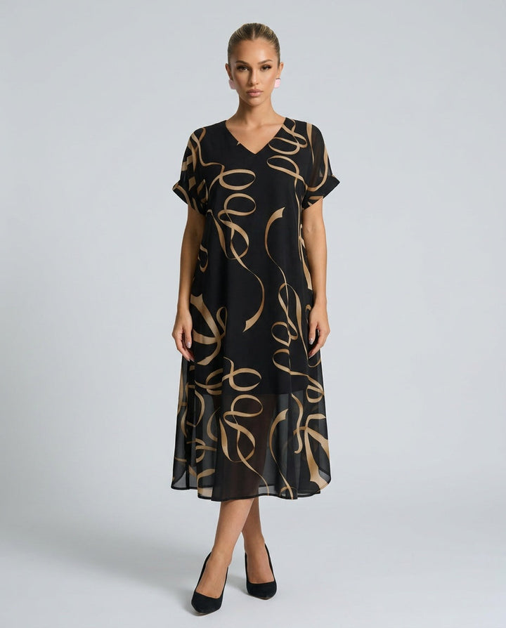 Tara Wyndham | V-Neck Batwing Bow Print Midi Dress For Women