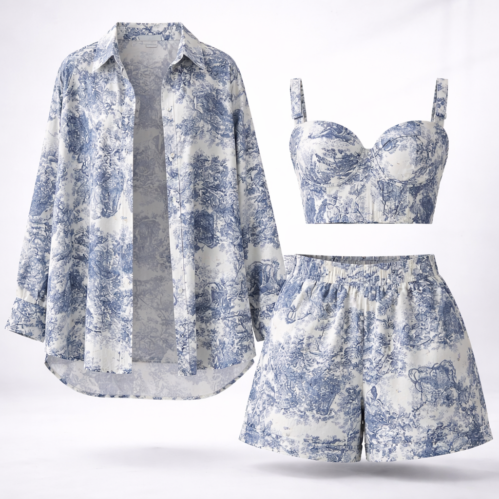Grace Holloway | Blue Toile 3-Piece Printed Set For Women