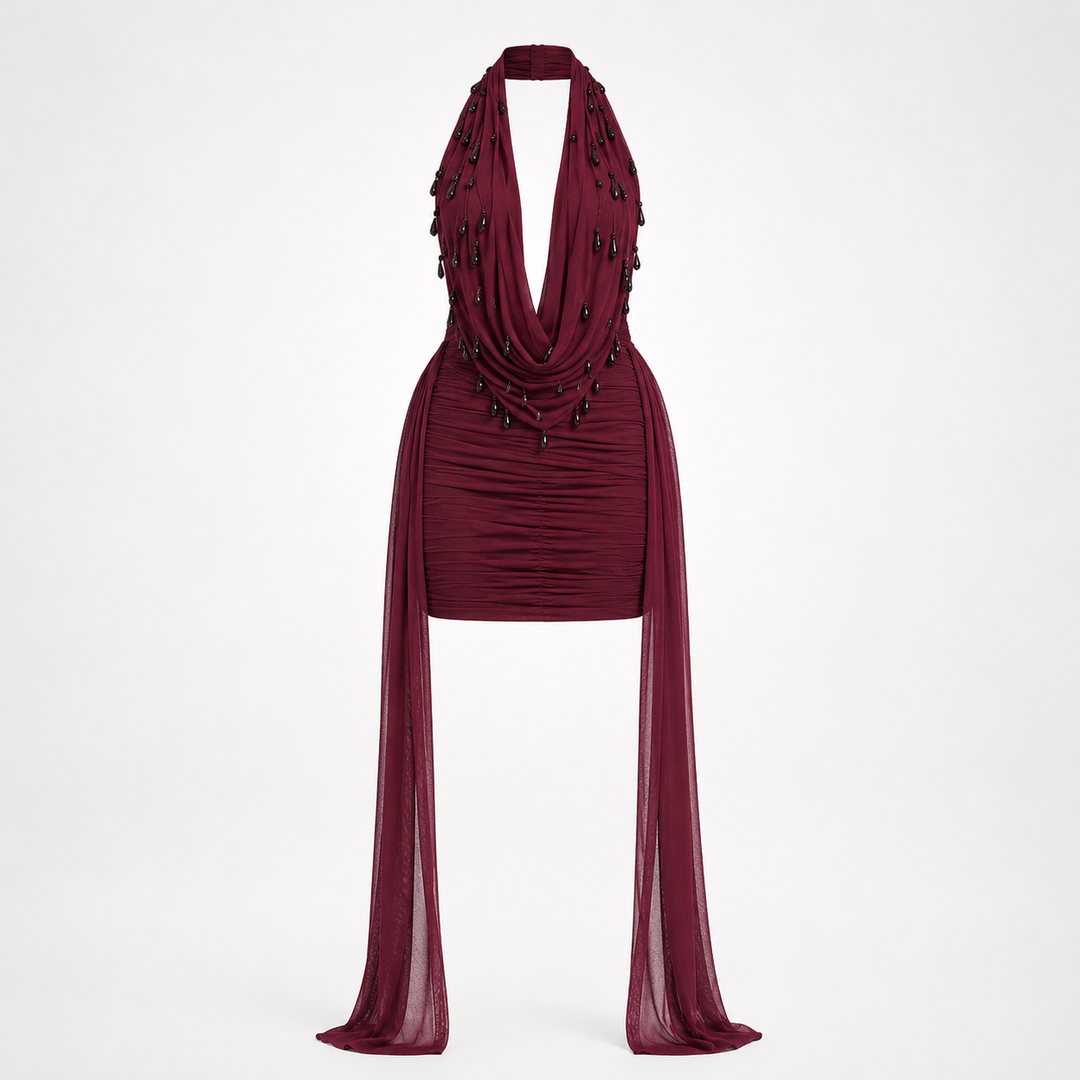Matilda Henley | Embellished Halter Draped Mini Dress For Women