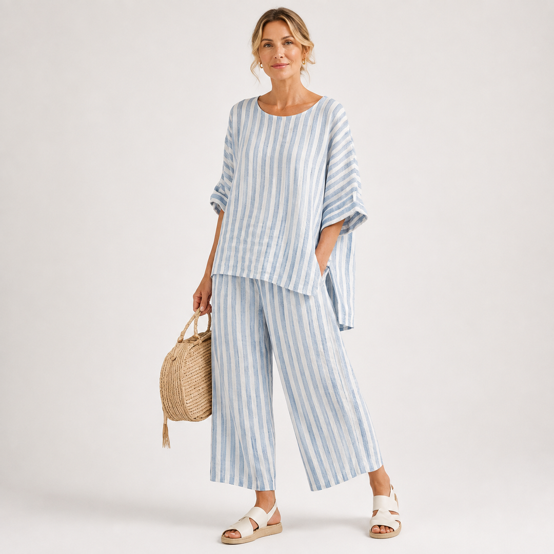 Matilda Young | Striped Linen Top & Wide Leg Pants Set For Women