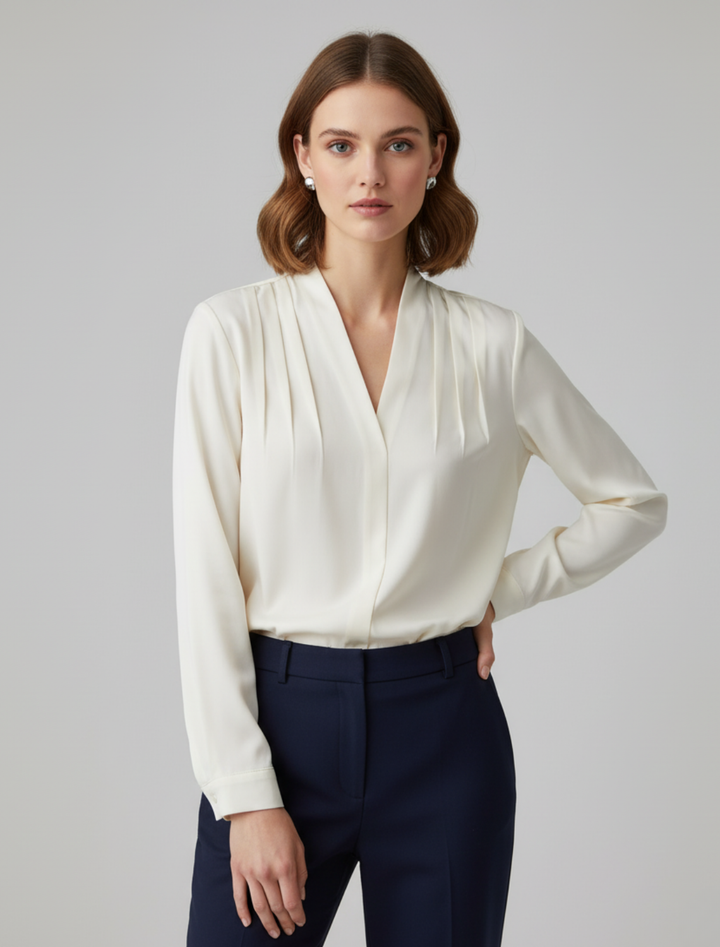 Charlotte Walker | Pleated V-Neck Satin Blouse For Women