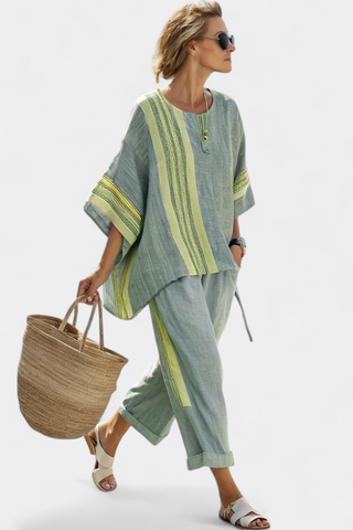 Sienna Rafferty | Linen Contrast Trim Two-Piece Set For Women