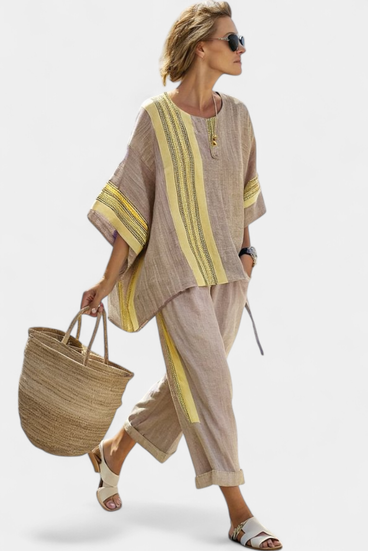 Sienna Rafferty | Linen Contrast Trim Two-Piece Set For Women