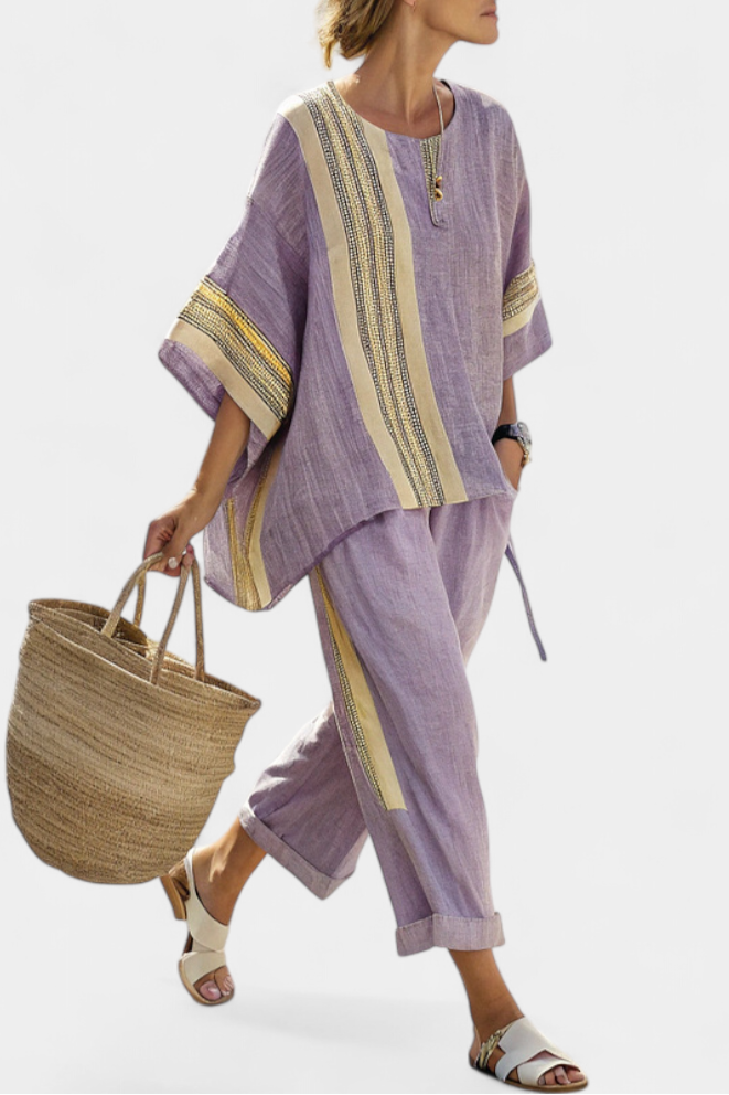 Sienna Rafferty | Linen Contrast Trim Two-Piece Set For Women