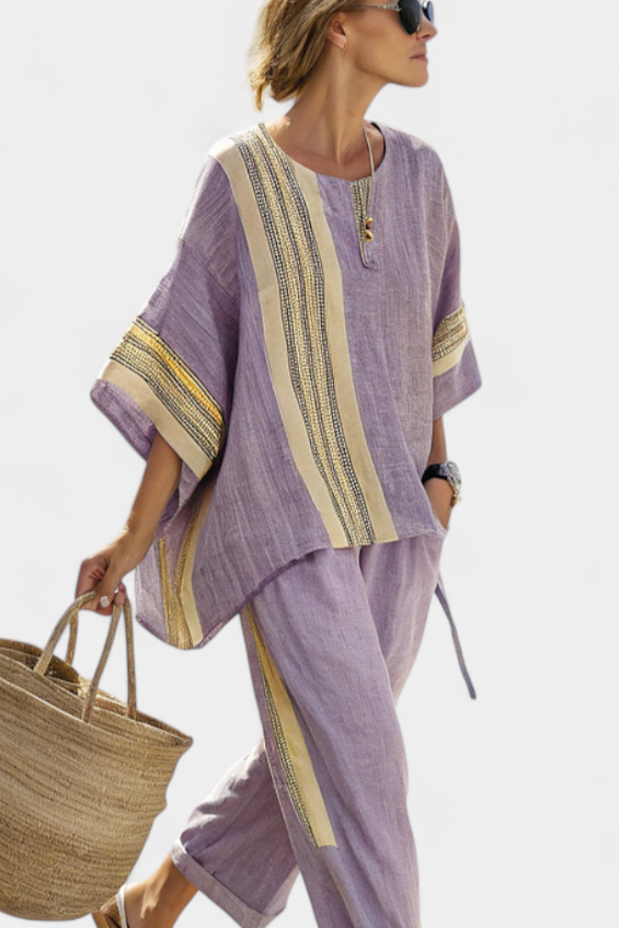 Sienna Rafferty | Linen Contrast Trim Two-Piece Set For Women