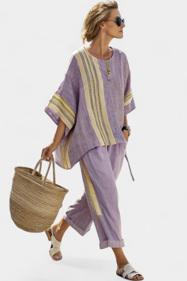 Sienna Rafferty | Linen Contrast Trim Two-Piece Set For Women