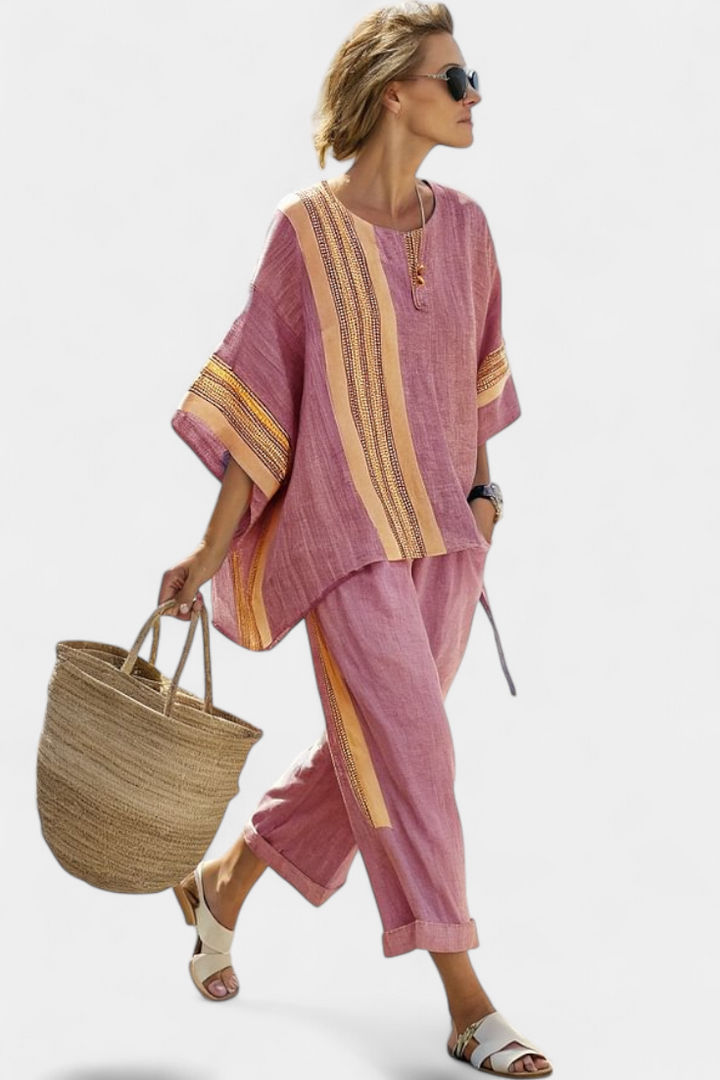 Sienna Rafferty | Linen Contrast Trim Two-Piece Set For Women