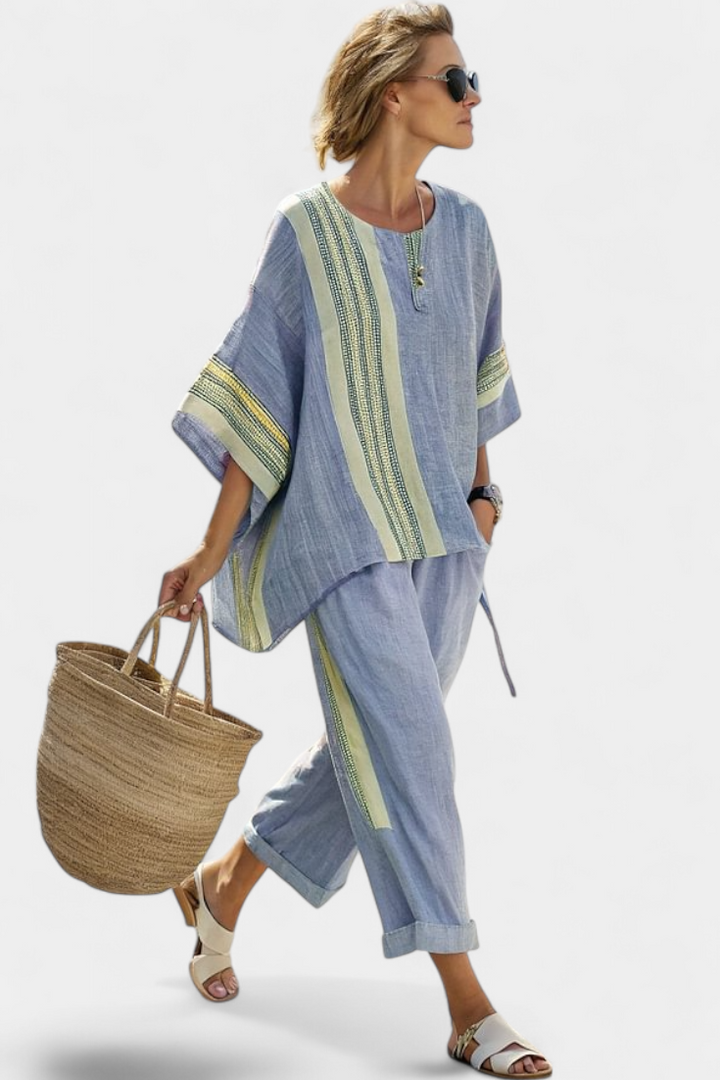 Sienna Rafferty | Linen Contrast Trim Two-Piece Set For Women