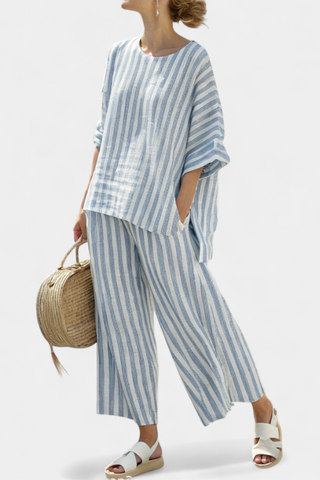 Matilda Young | Striped Linen Top & Wide Leg Pants Set For Women