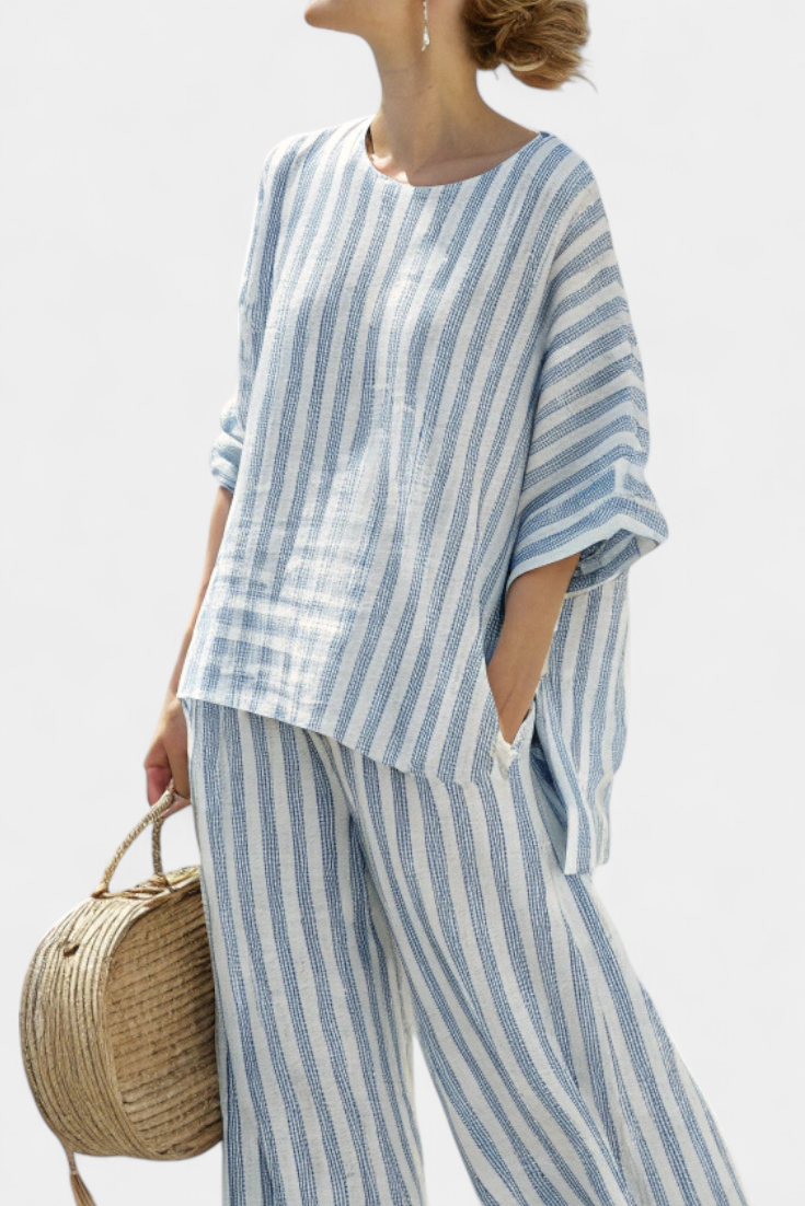 Matilda Young | Striped Linen Top & Wide Leg Pants Set For Women